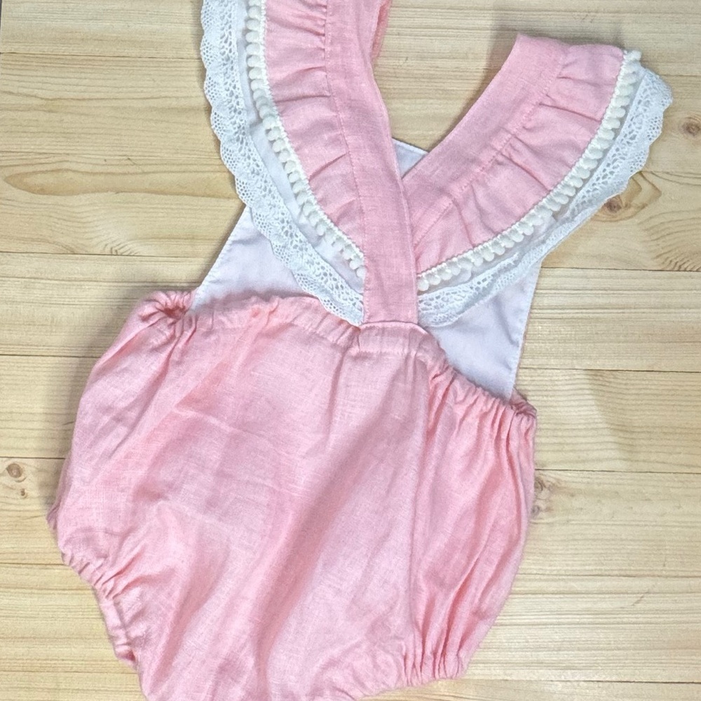 Little Badger Pink Ruffle Bubble Romper 12M Linen Blend Lace Baby Boutique - Picture 5 of 6